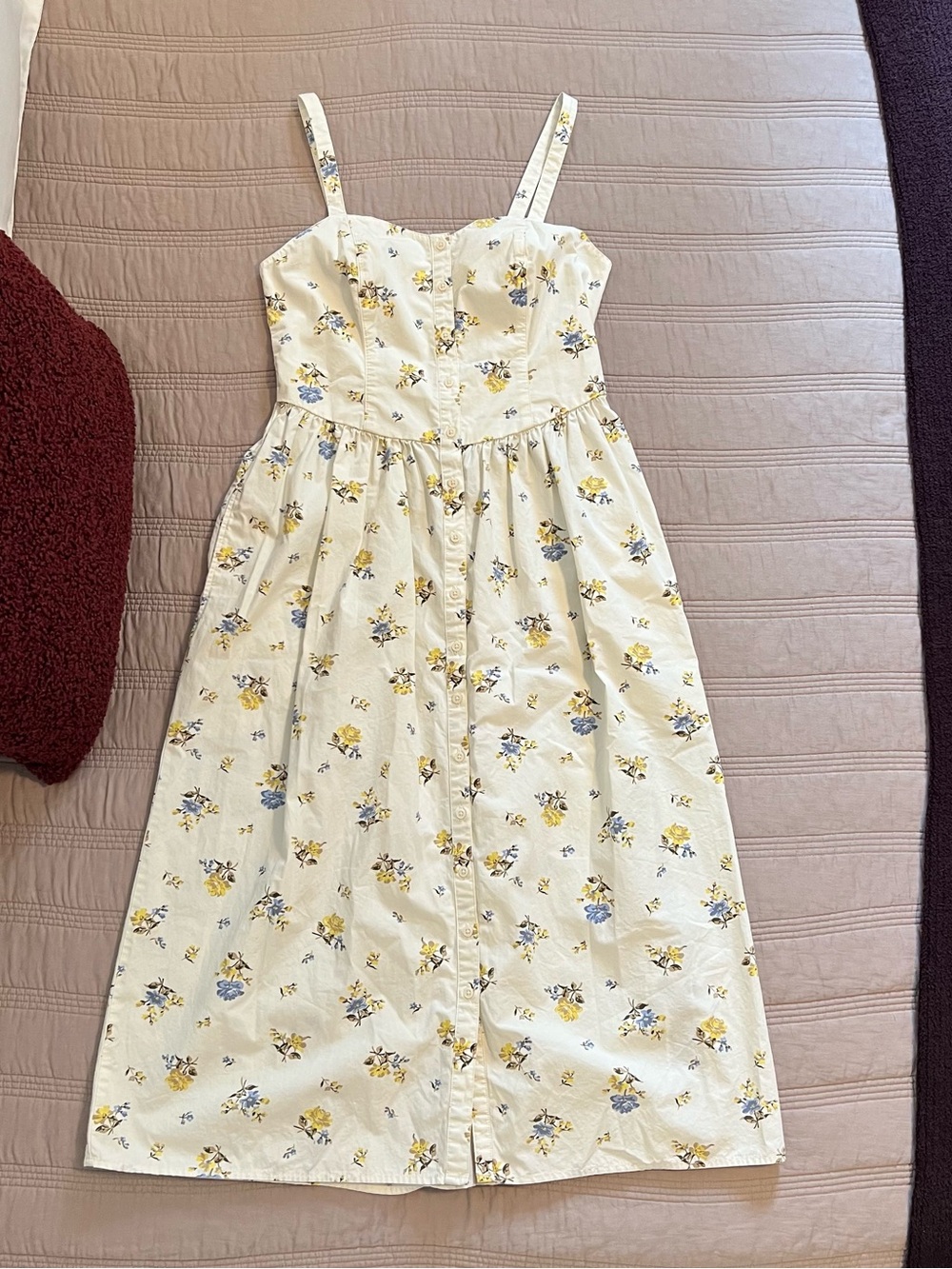 Levi's Cream Sundress Midi Cotton Blue Yellow Floral Print Garden Summer Pockets